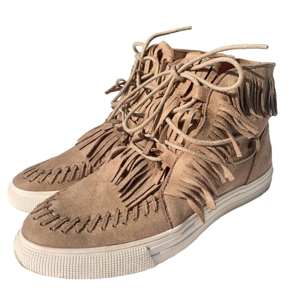 Qupid Tahoe Taupe Faux Suede Moccasin Lace-up Fringed Casual Shoes Size 6